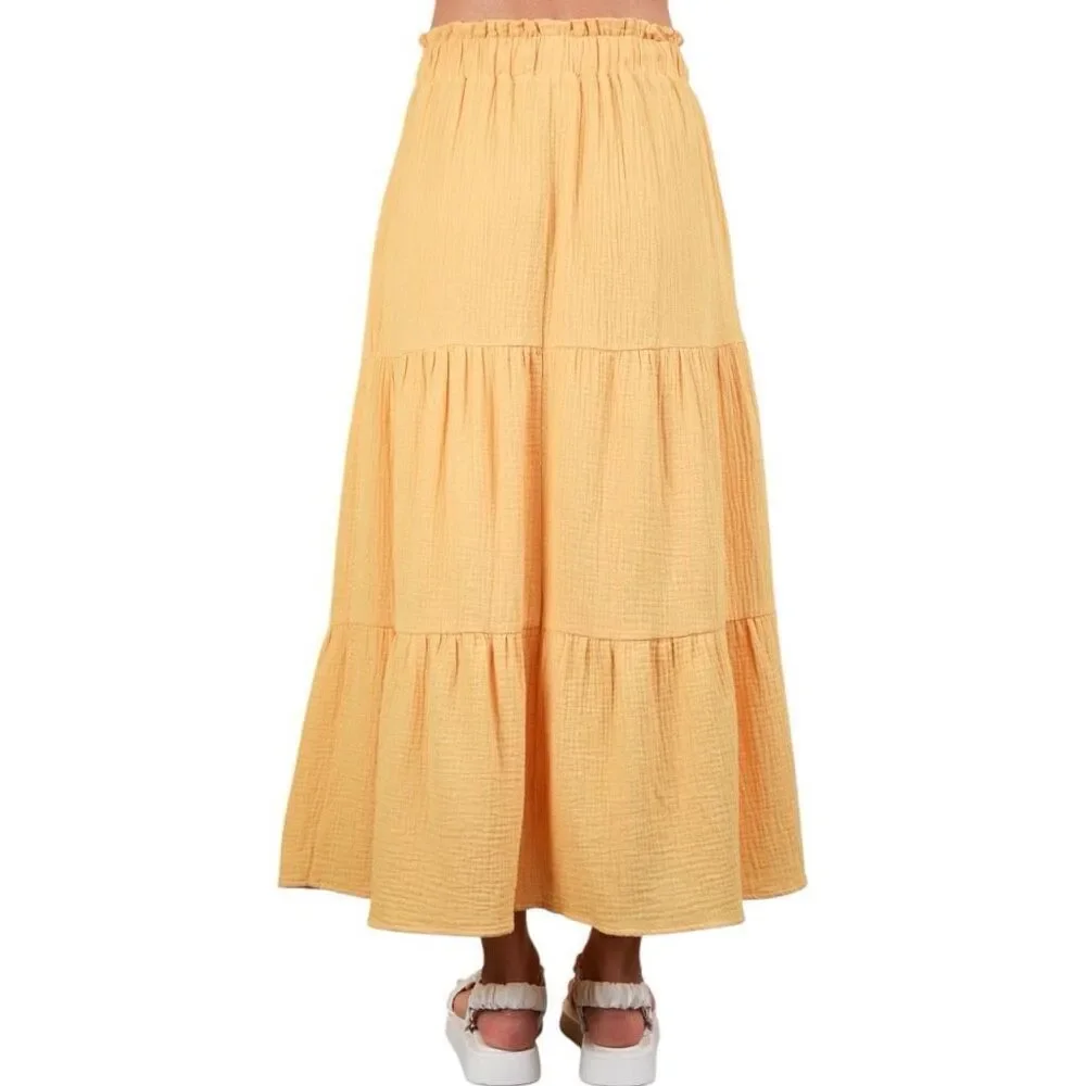 Boho Tiered Midi Skirt w/ Pockets & Elastic Waist |  Yellow | Very J | NWT L